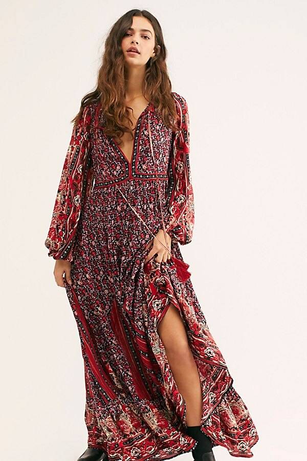 Long Sleeve Cotton Floral Print Loose Casual Maxi Dress in Dresses
