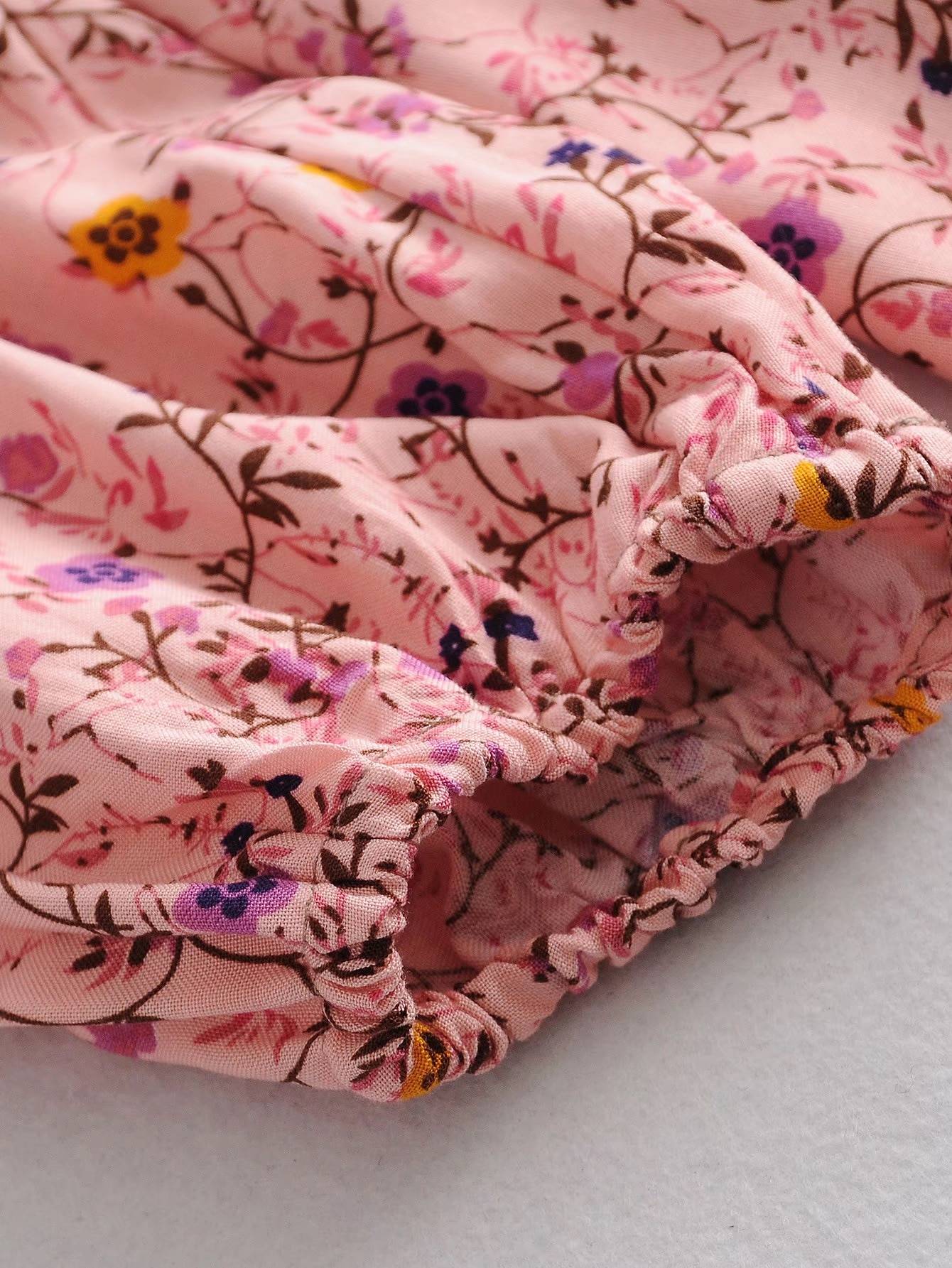 Lacing up V neck Pink Floral Print Long Sleeve Dress in Dresses