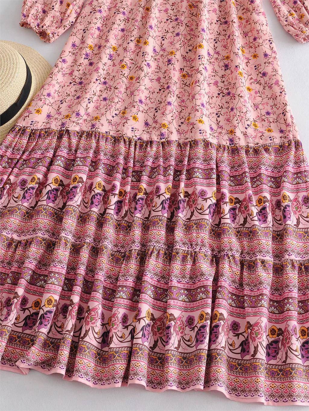 Lacing up V neck Pink Floral Print Long Sleeve Dress in Dresses