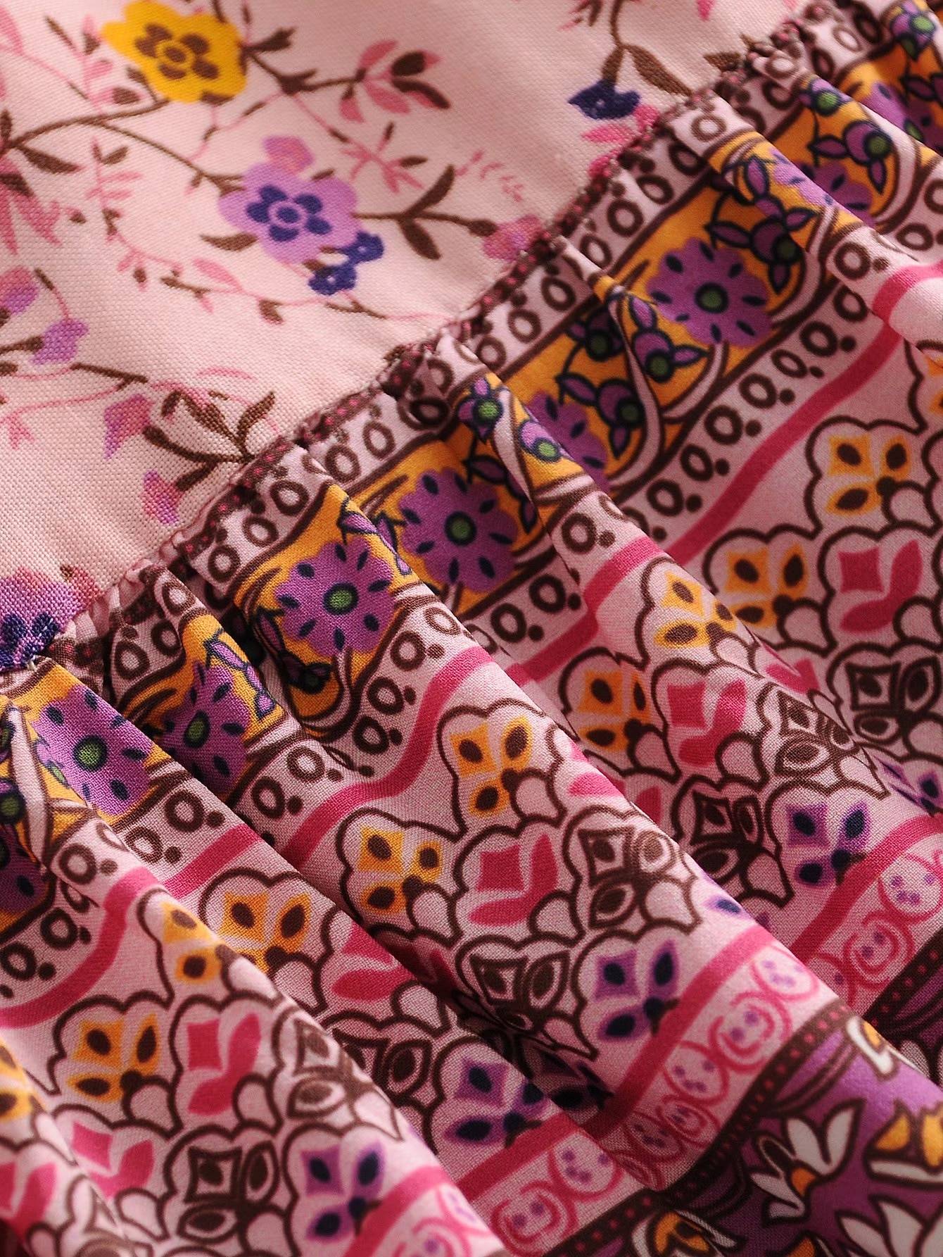 Lacing up v neck pink floral print long sleeve dress