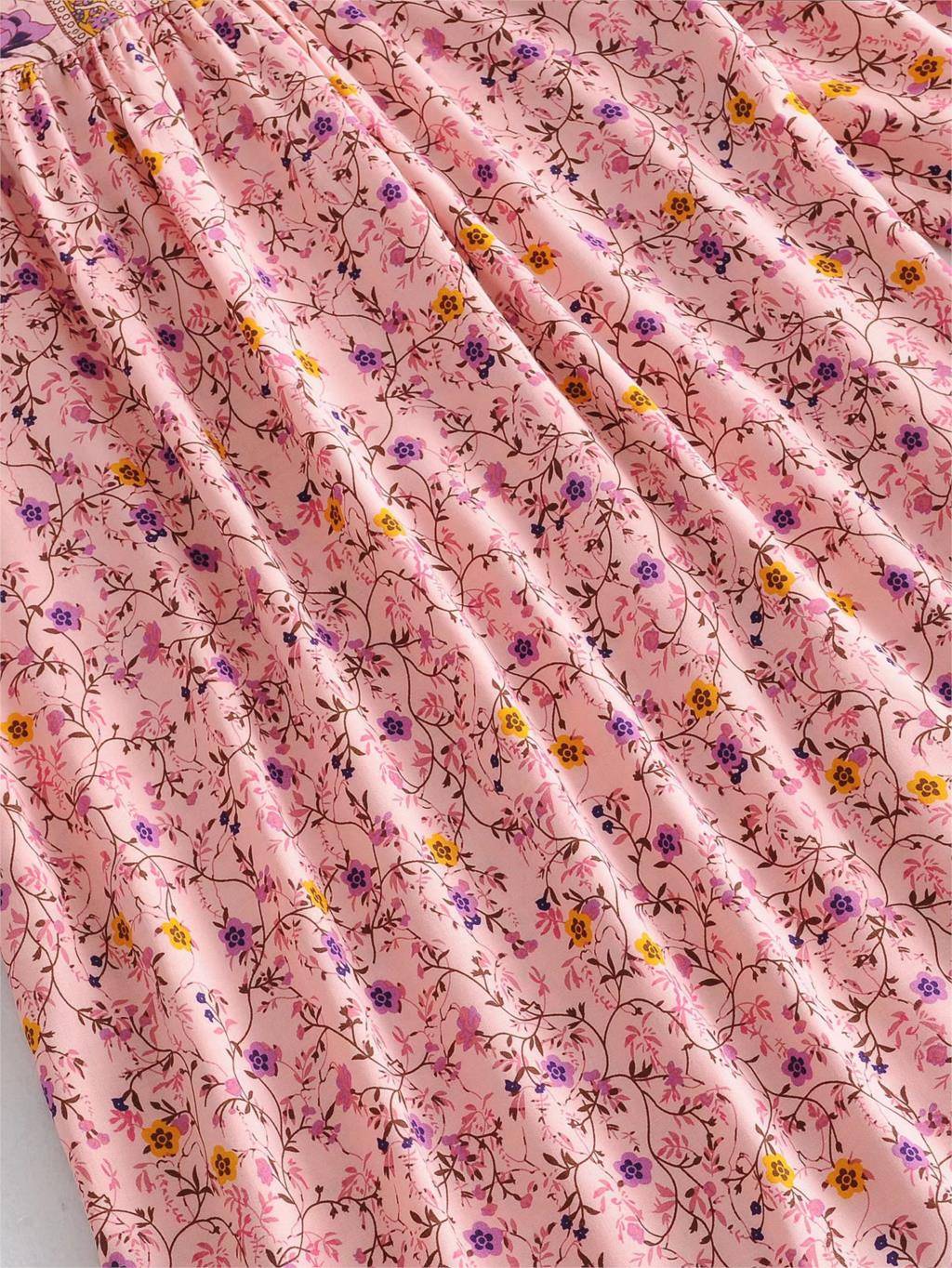 Lacing up v neck pink floral print long sleeve dress