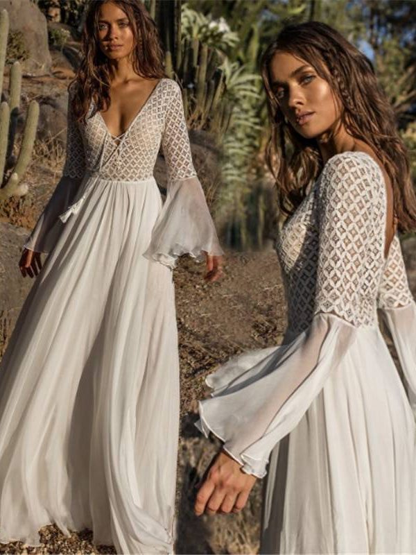 Long Flare Sleeve V Neck White Tassel Hollow Boho Lace Maxi Dress in Dresses