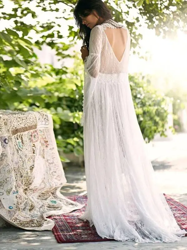 Boho long sleeve v neck vintage backless sexy solid maxi dress