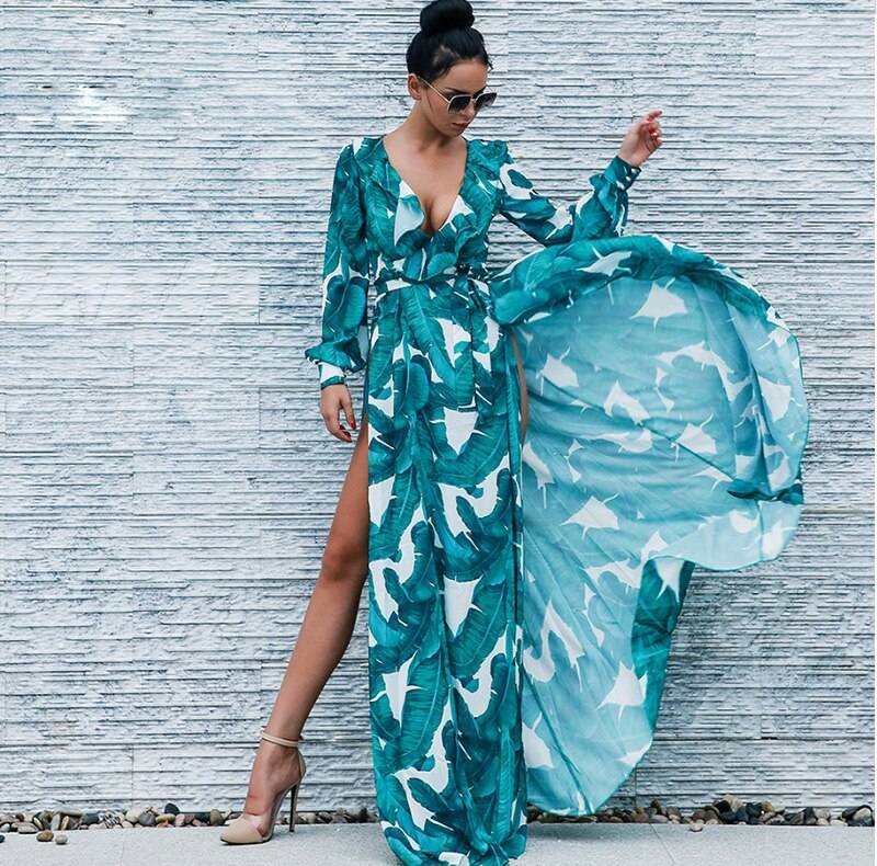 Long Sleeve Tropical Beach Vintage Maxi Dress in Dresses