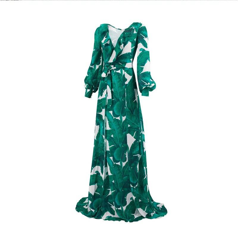 Long sleeve tropical beach vintage maxi dress