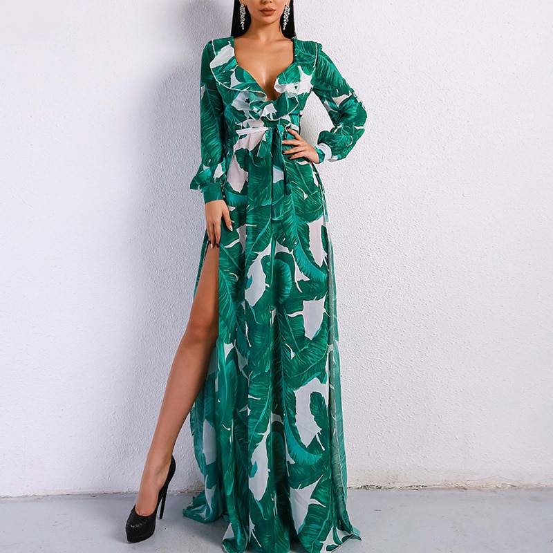 Long sleeve tropical beach vintage maxi dress