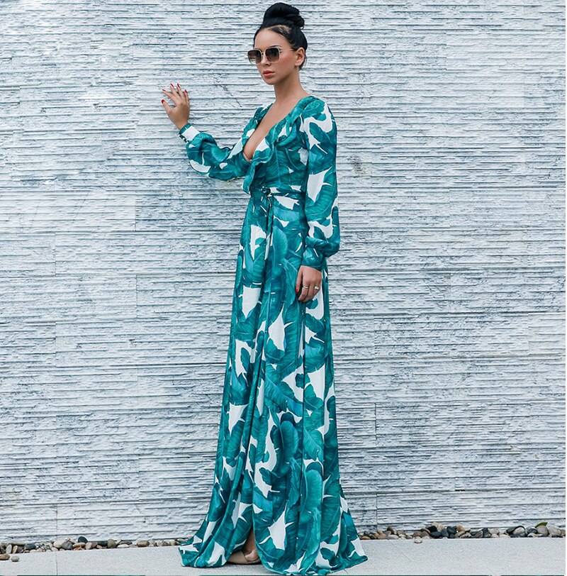 Long Sleeve Tropical Beach Vintage Maxi Dress in Dresses