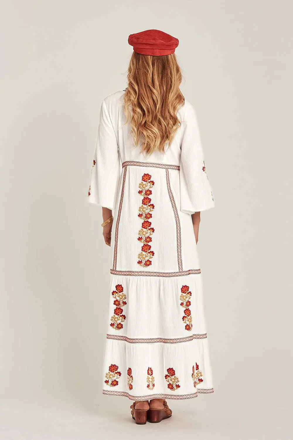 Bohemian Floral Embroidered V-Neck Long Sleeve Maxi Dress in Dresses