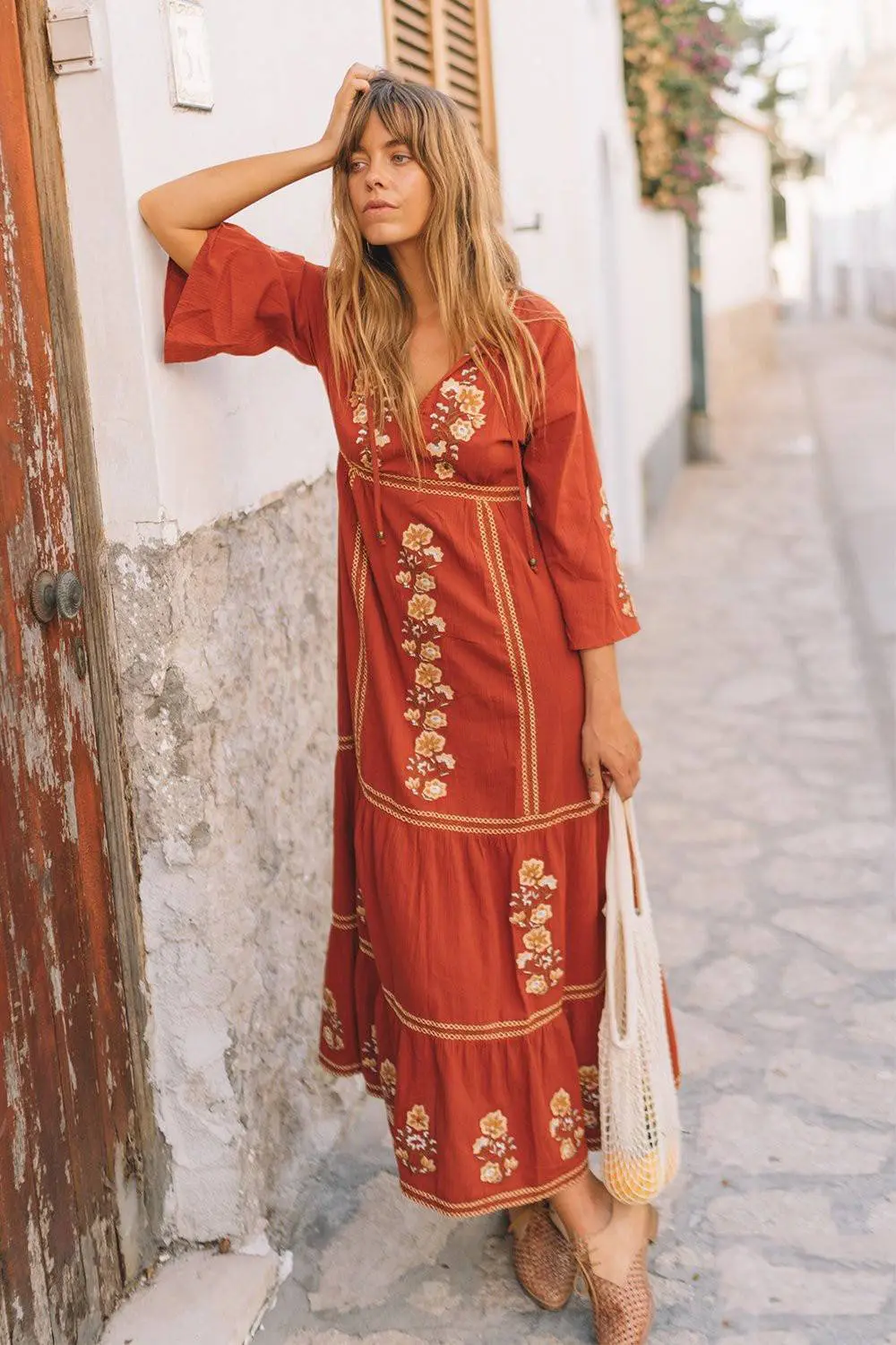 Bohemian Floral Embroidered V-Neck Long Sleeve Maxi Dress in Dresses