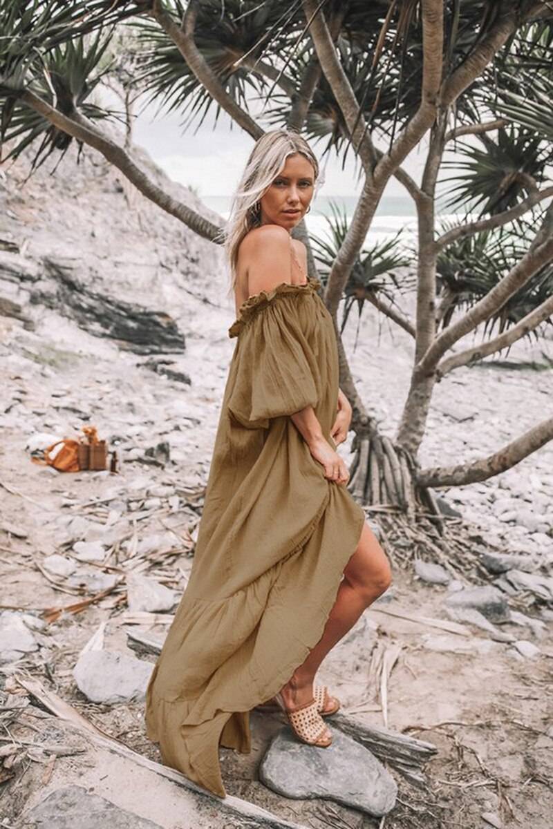 Maxi boho solid sexy off the shoulder lantern sleeve long dress in Dresses
