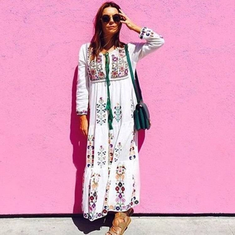 Cotton floral embroidered long sleeve maxi o-neck dress in Dresses