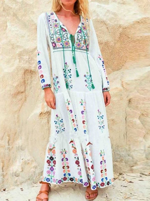 Cotton floral embroidered long sleeve maxi o-neck dress