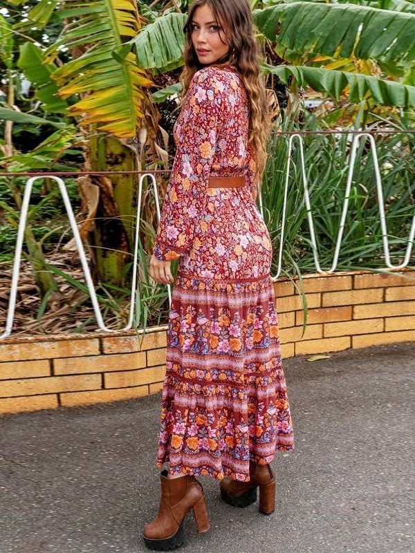 Boho Sexy Deep V-Neck Long Sleeve Gypsy Maxi Dress in Dresses