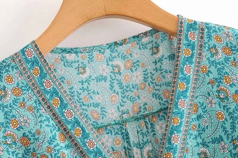 Flare long sleeve maxivintage cotton floral print deep V-neck dress in Dresses