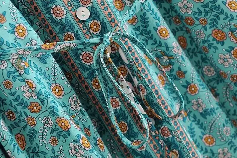 Flare long sleeve maxivintage cotton floral print deep V-neck dress in Dresses