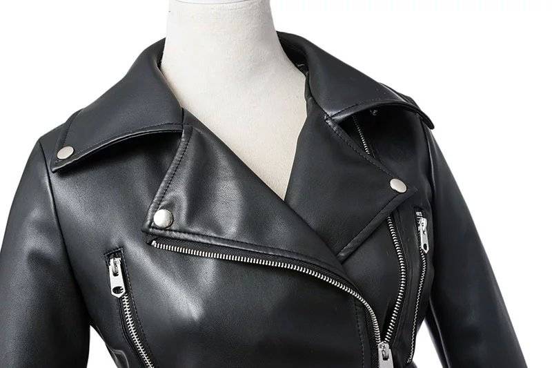 Black faux leather zipper turn-down collar motor biker jacket