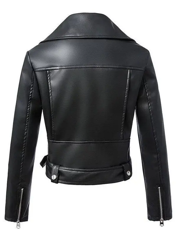 Black faux leather zipper turn-down collar motor biker jacket