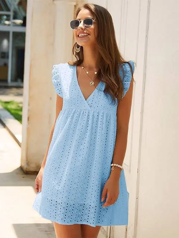 Hollow out v neck butterfly sleeve loose dress