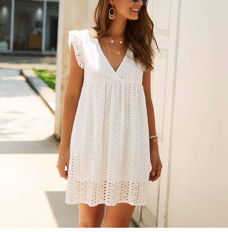 Hollow Out V Neck Butterfly Sleeve Loose Dress in Dresses