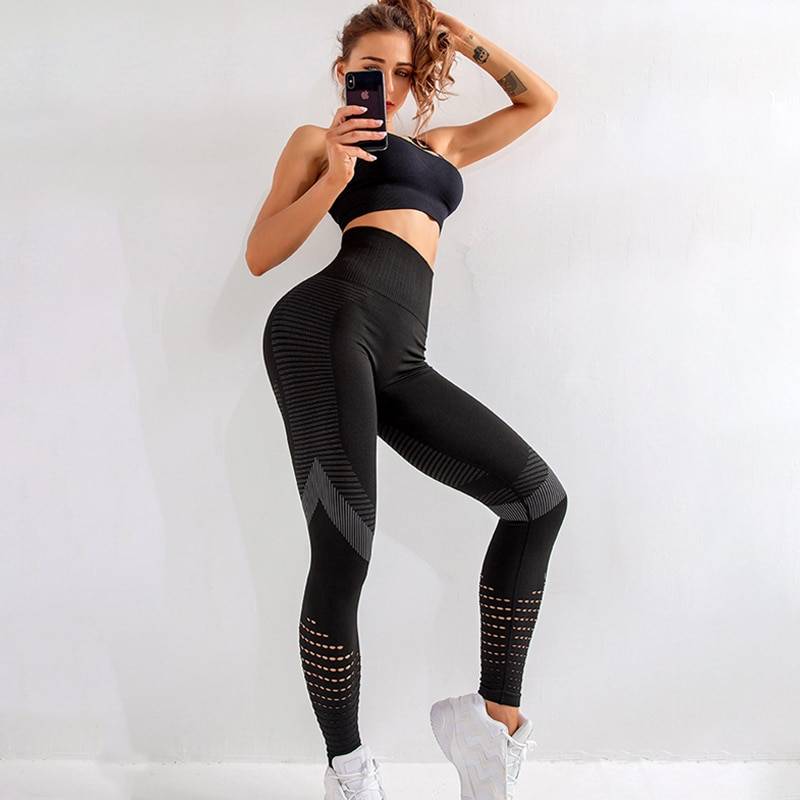 Fitness High Waist Push Up Patchwork Hollow Out Spandex Leggings ...
