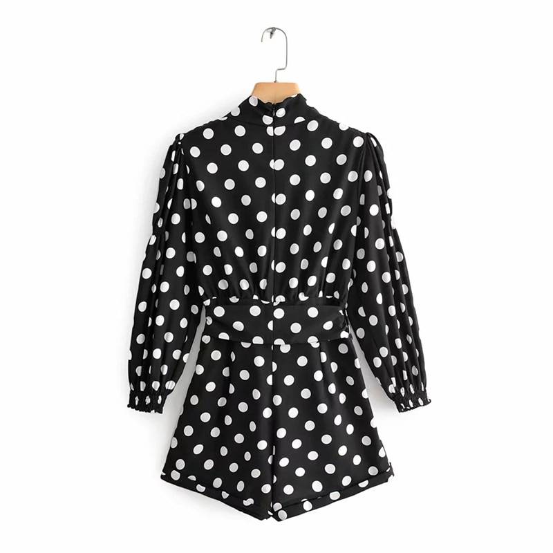 Chic Polka Dot Print Black Long Sleeve High Waist With Belt Short Jumpsuit in Jumpsuits & Rompers