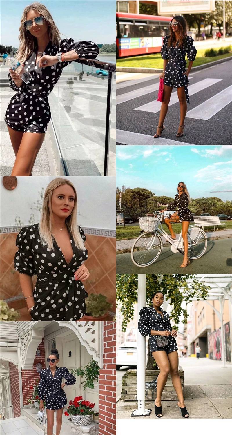 Chic Polka Dot Print Black Long Sleeve High Waist With Belt Short Jumpsuit in Jumpsuits & Rompers