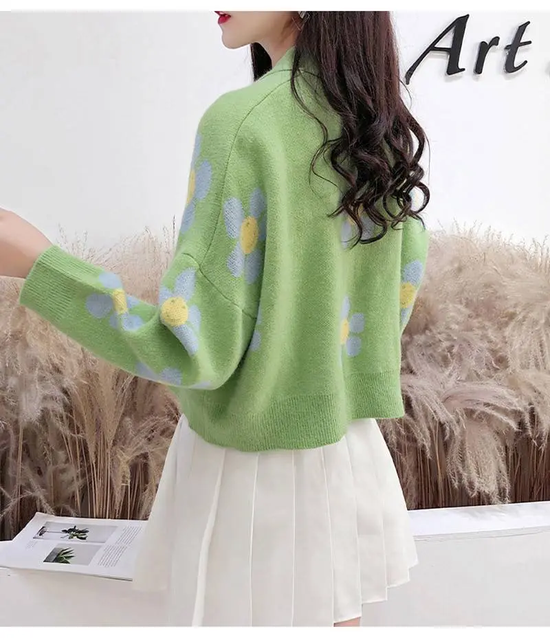 Floral printing v-neck knitted cardigan sweater one size