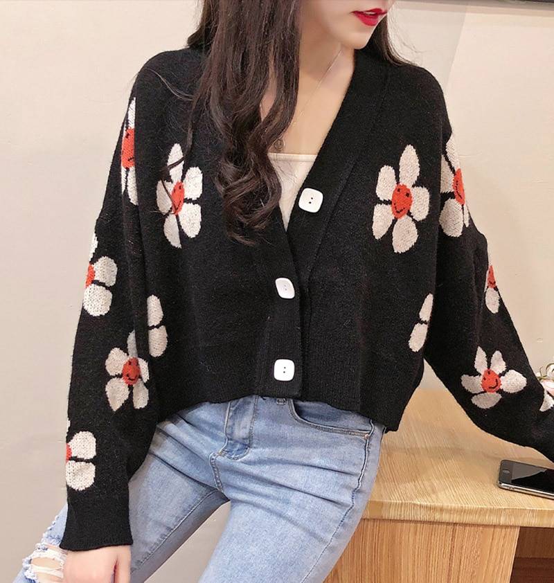 Floral printing v-neck knitted cardigan sweater one size