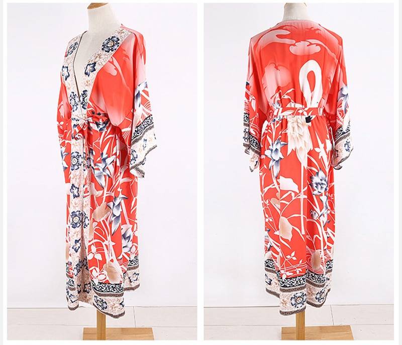 Vintage Print Floral Boho Loose Oversize Kimono Beach Cover Up in Swimsuits