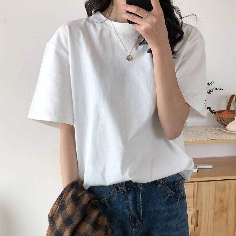 O Neck Loose Basic Cotton T Shirt in T-shirts & Tops
