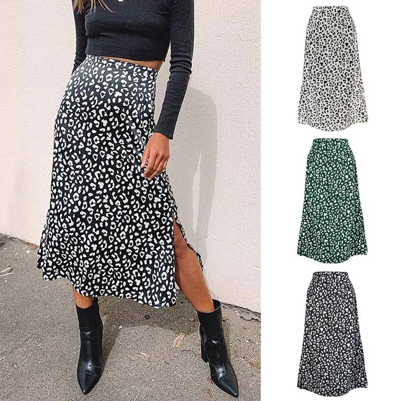 Leopard print chiffon split long skirt