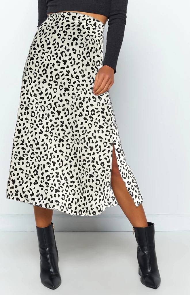 Leopard Print Chiffon Split Long Skirt in Skirts