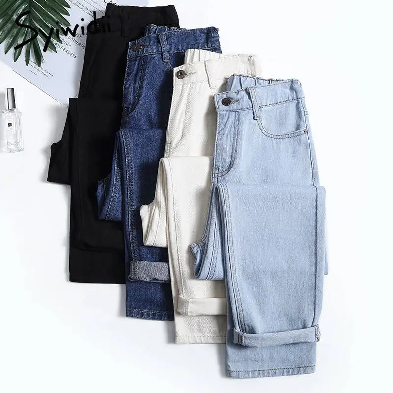4 color elastic waist high mom jeans pants