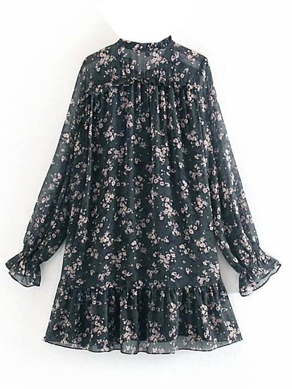 Vintage Long Sleeve Loose Ruffle Bow Tie Mini Floral Print Dress in Dresses