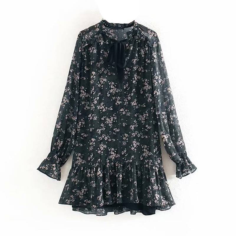 Vintage Long Sleeve Loose Ruffle Bow Tie Mini Floral Print Dress in Dresses