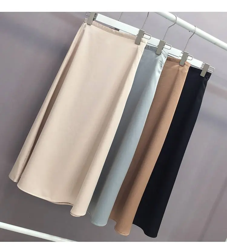 Elegant glossy satin plain office high waist skirt