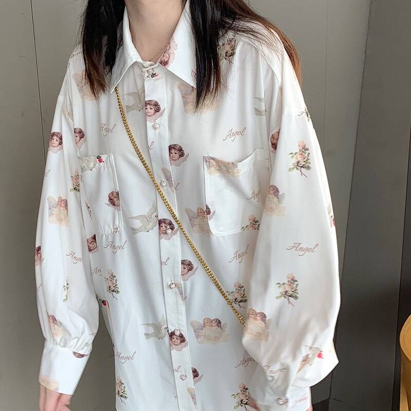 Vintage angel print lantern sleeve loose blouse shirt