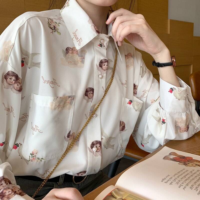 Vintage angel print lantern sleeve loose blouse shirt