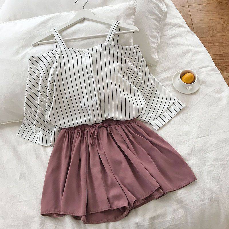 Striped off-the-shoulder loose blouse top + elastic waist shorts two piece set
