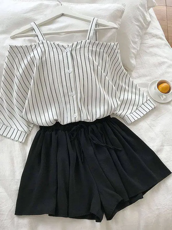 Striped Off-The-Shoulder Loose Blouse Top + Elastic Waist Shorts Two Piece Set in Blouses & Shirts