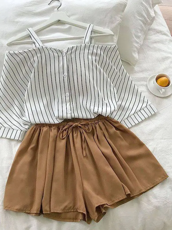 Striped off-the-shoulder loose blouse top + elastic waist shorts two piece set