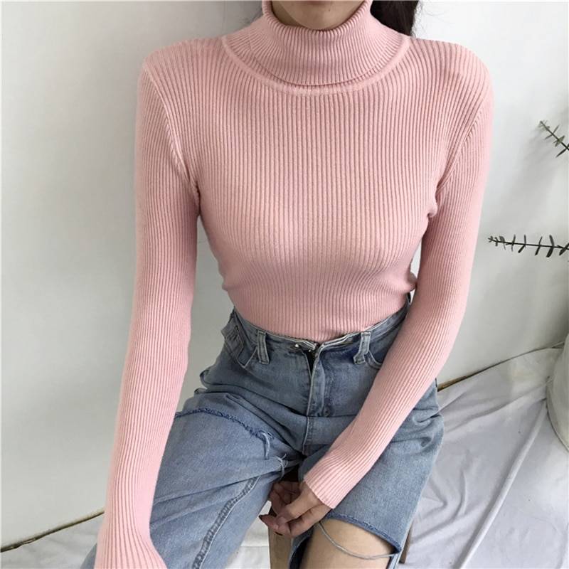 Knitted ribbed long sleeve turtleneck soft warm pullover sweater