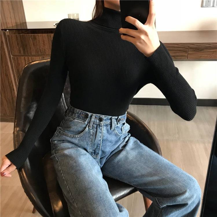 Knitted ribbed long sleeve turtleneck soft warm pullover sweater