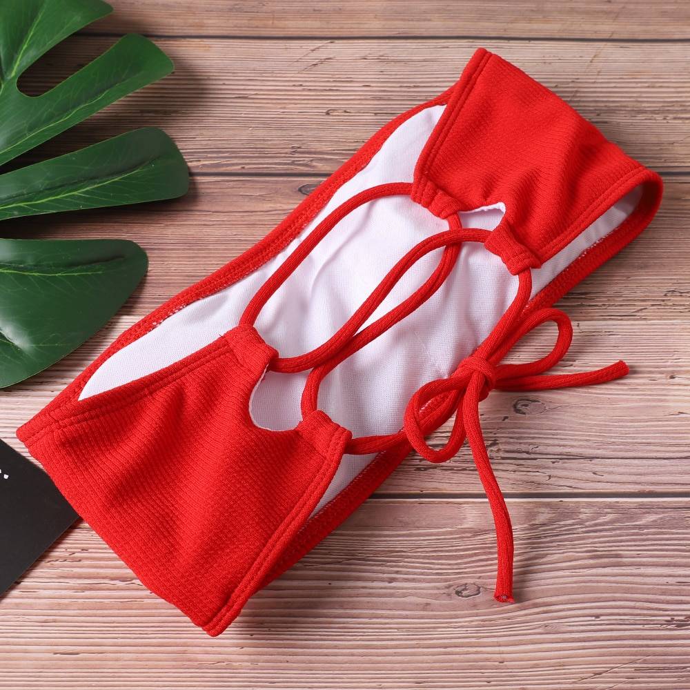 High waist strapless pure color padded bikini swimsuit