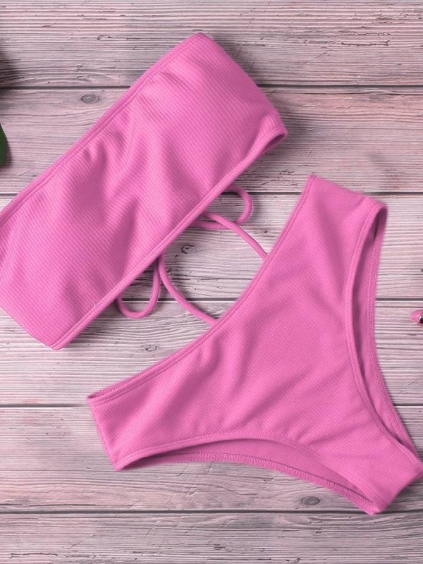 High waist strapless pure color padded bikini swimsuit