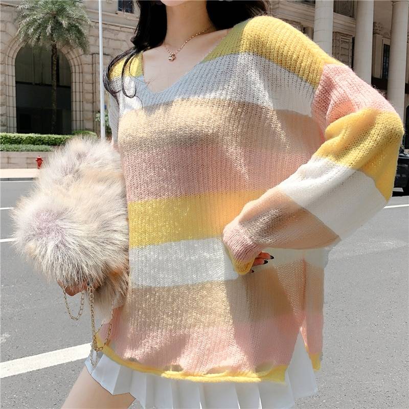 V Neck Long Sleeve Rainbow Striped Knitted Loose Pullover Sweater in Sweaters