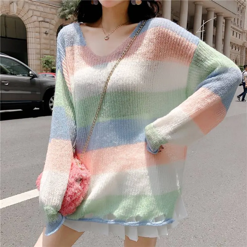 V neck long sleeve rainbow striped knitted loose pullover sweater