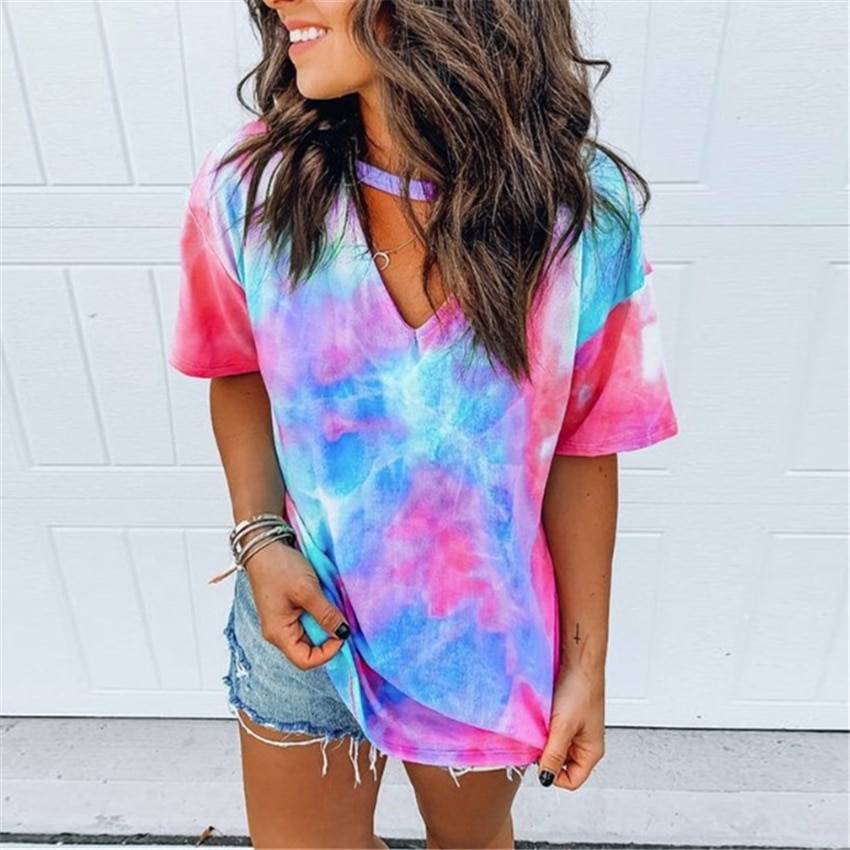 Hollow out tie dye short sleeve t-shirt