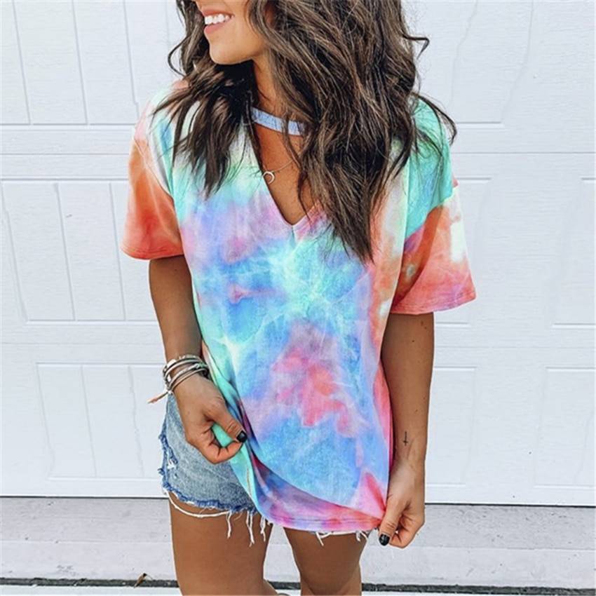 Hollow out tie dye short sleeve t-shirt