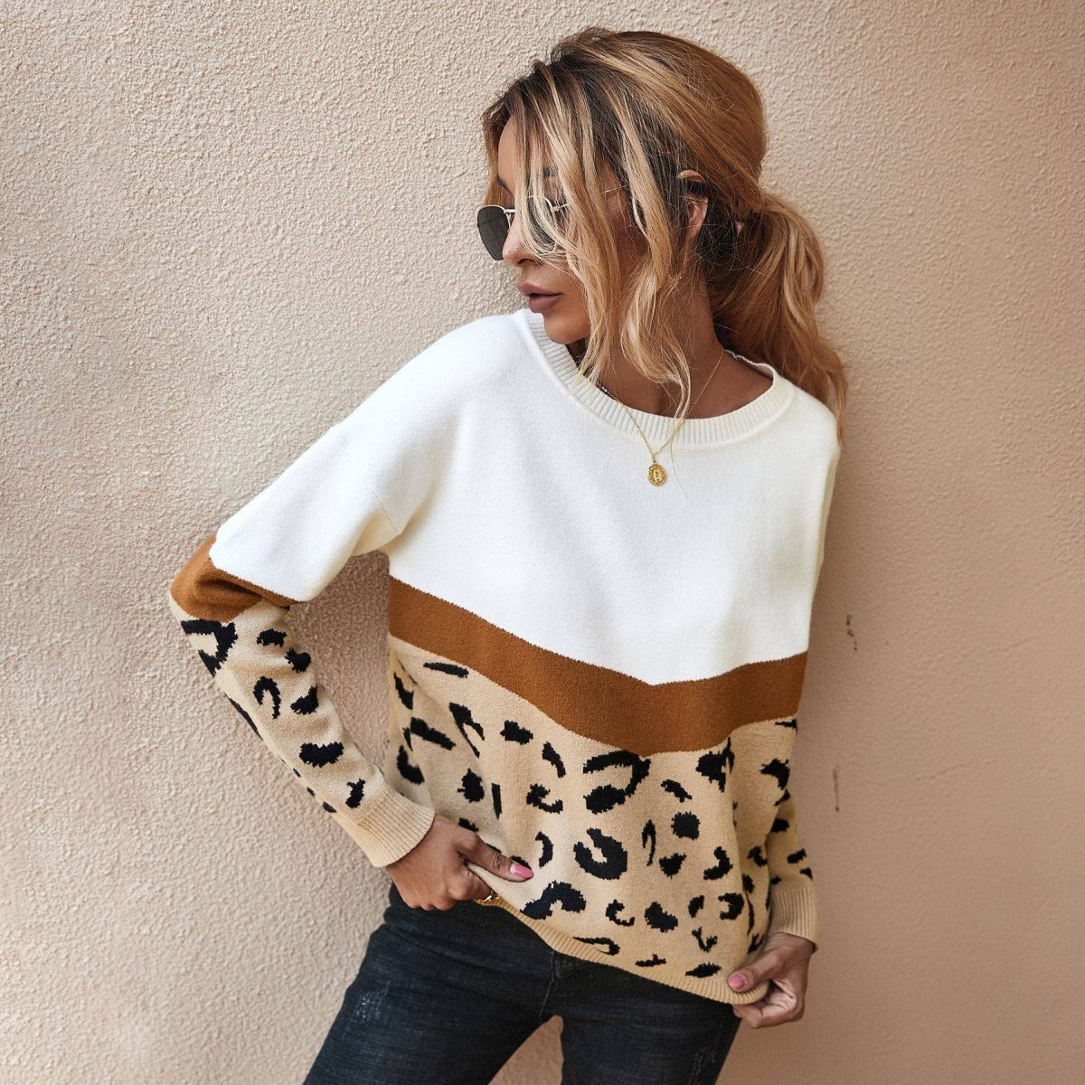 Leopard o-neck full sleeve pullover patchwork knitted sweater